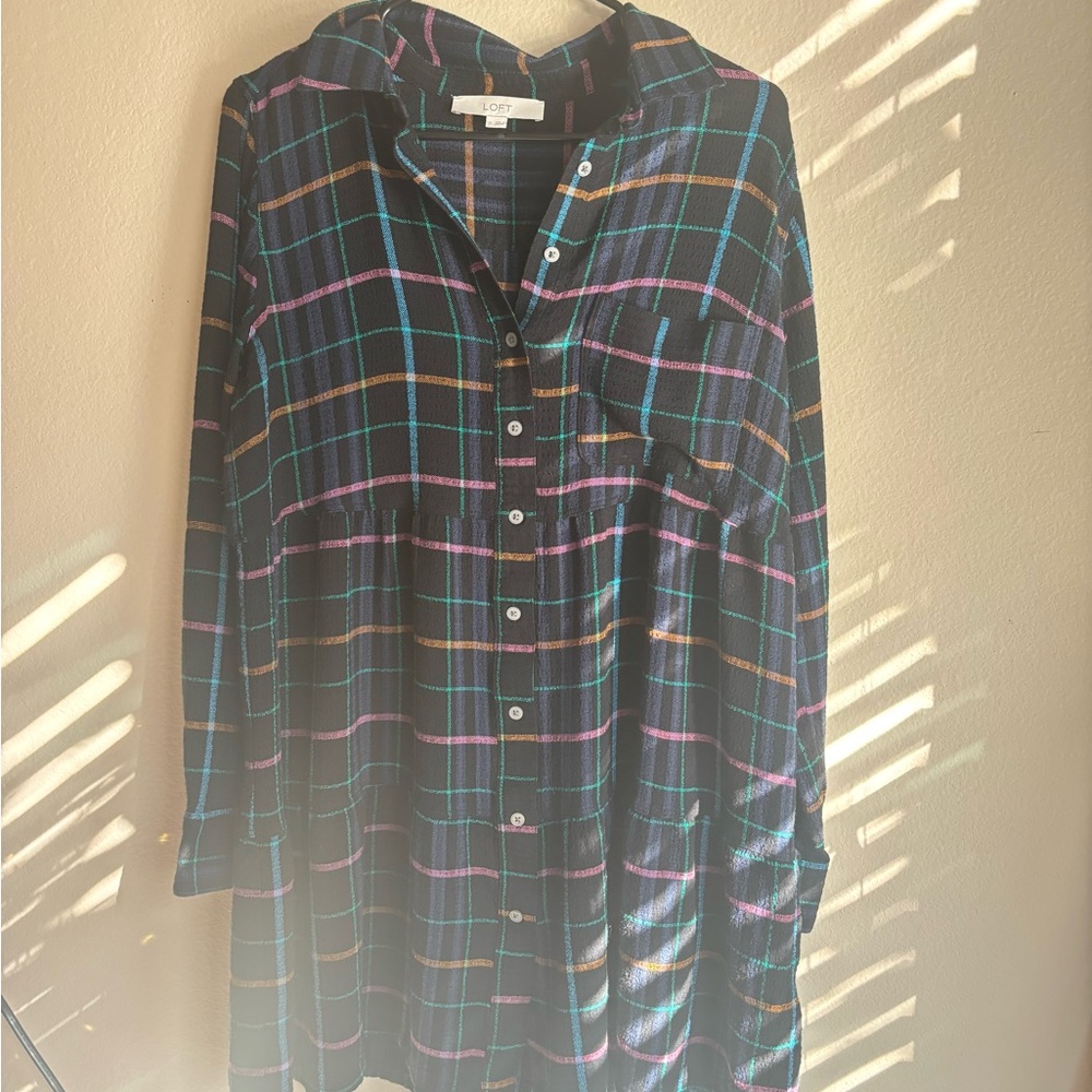 LOFT Petite Neon Plaid Tiered Pocket Shirtdress – Size M - Picture 6 of 6